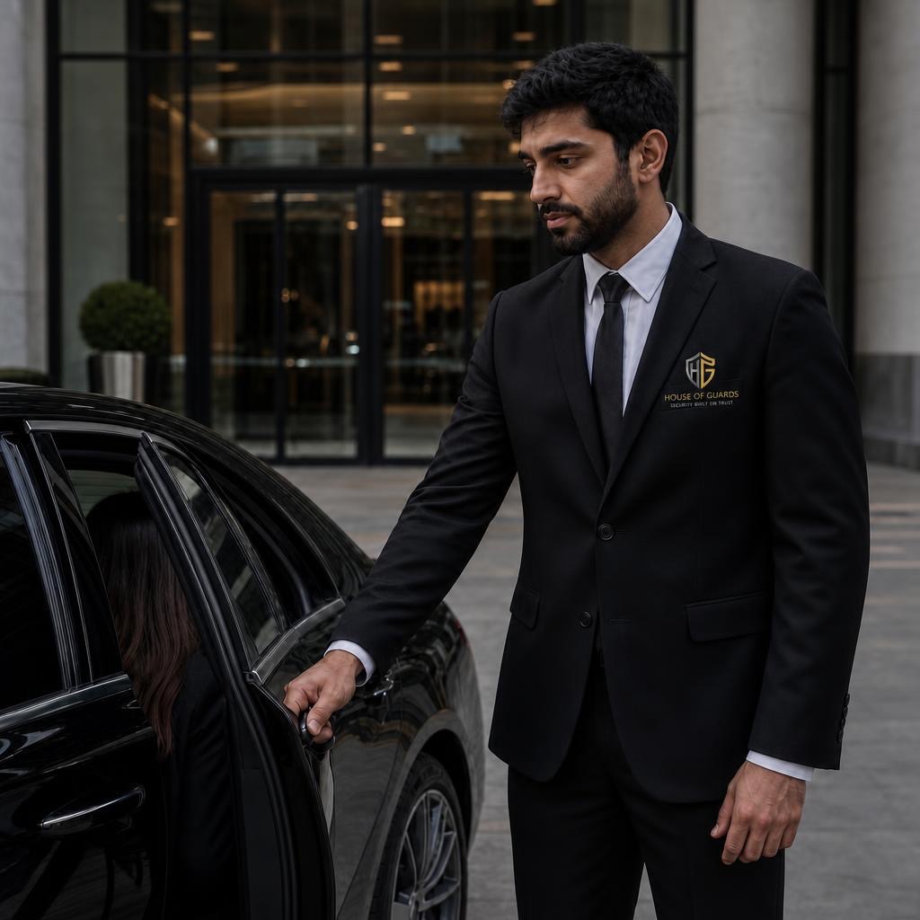 Close protection officer escorting a client to a vehicle at night
