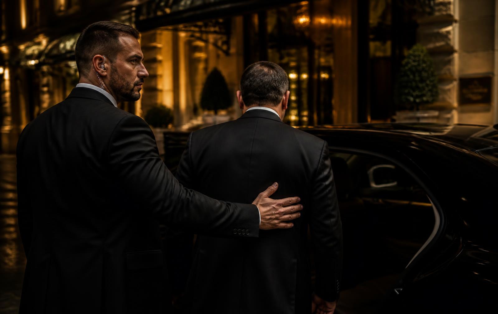 Close protection officer escorting a client to a vehicle at night