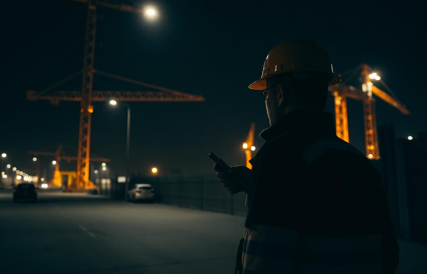 Officer patrolling a construction site at night